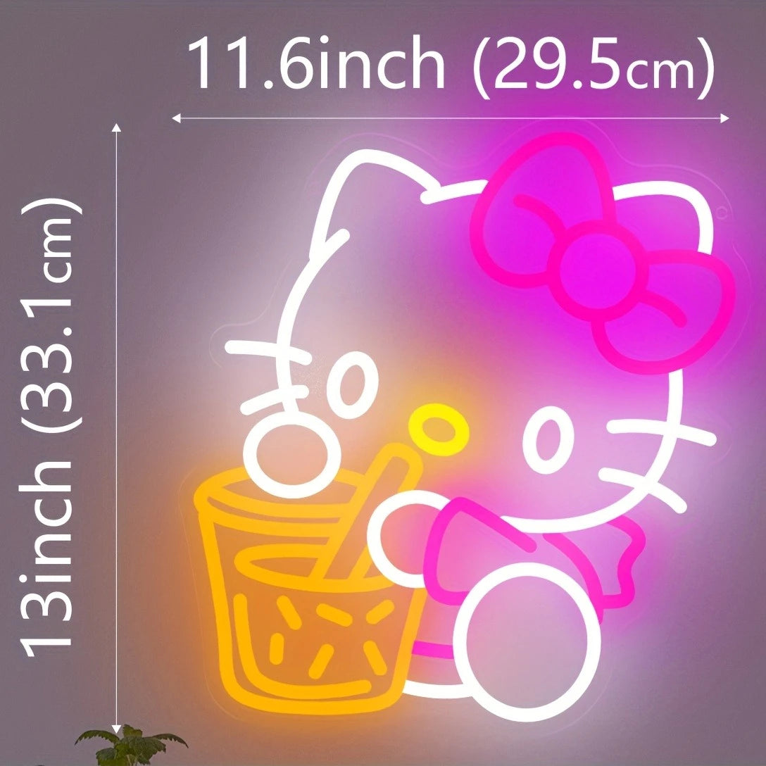 Hallo Kitty Drink Neon Sign Sanrio Kawaii Cat LED Nigh Light for Home Bedroom Girl Room Hanging Decor USB Dimmable Birthday Gift