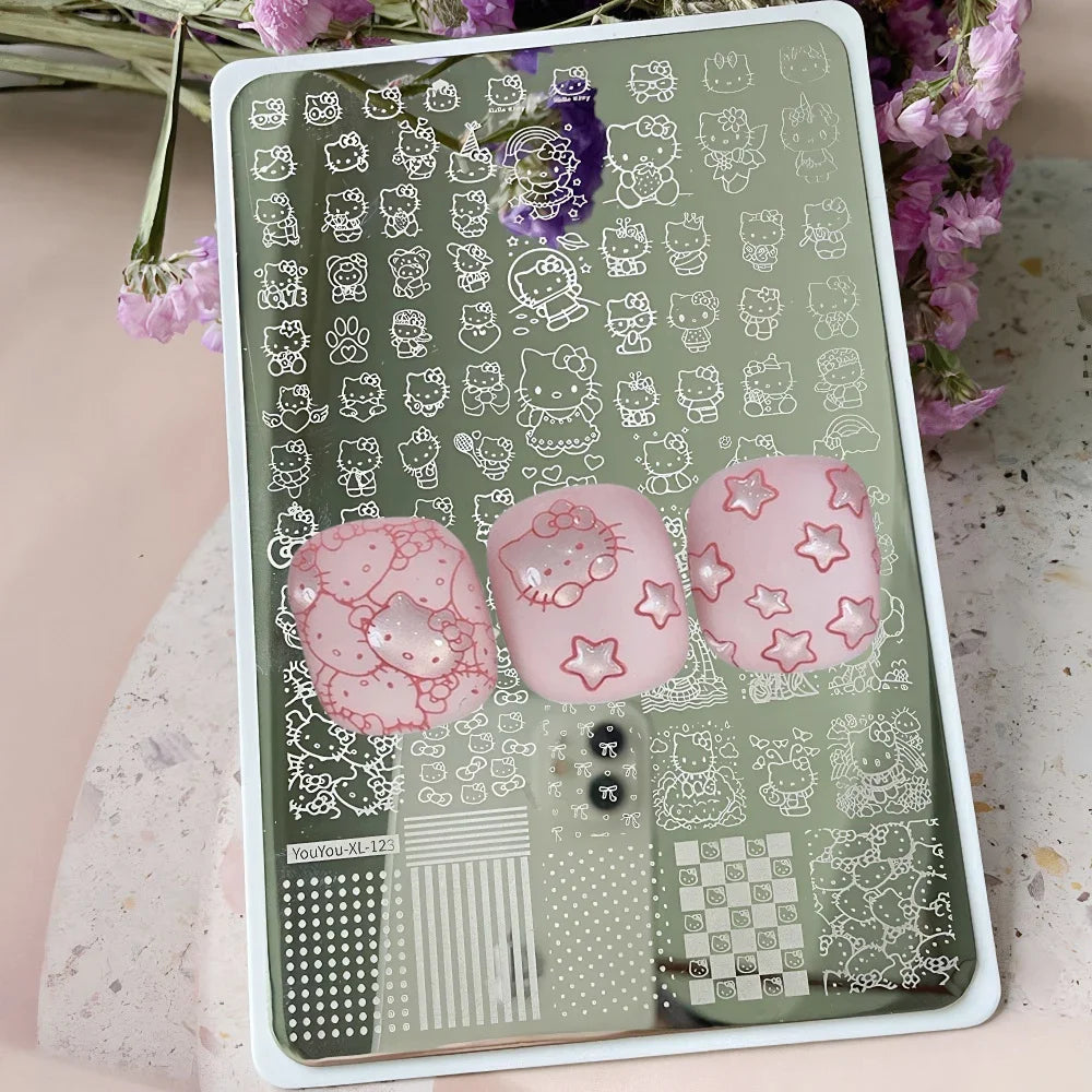 5D 14.5cm*9.5cm Hello kitty Nail Art Stamping Plate Cartoon Cute Kitten Bow Kitty Cat Nail Printing Template Nail Decoratio Tool