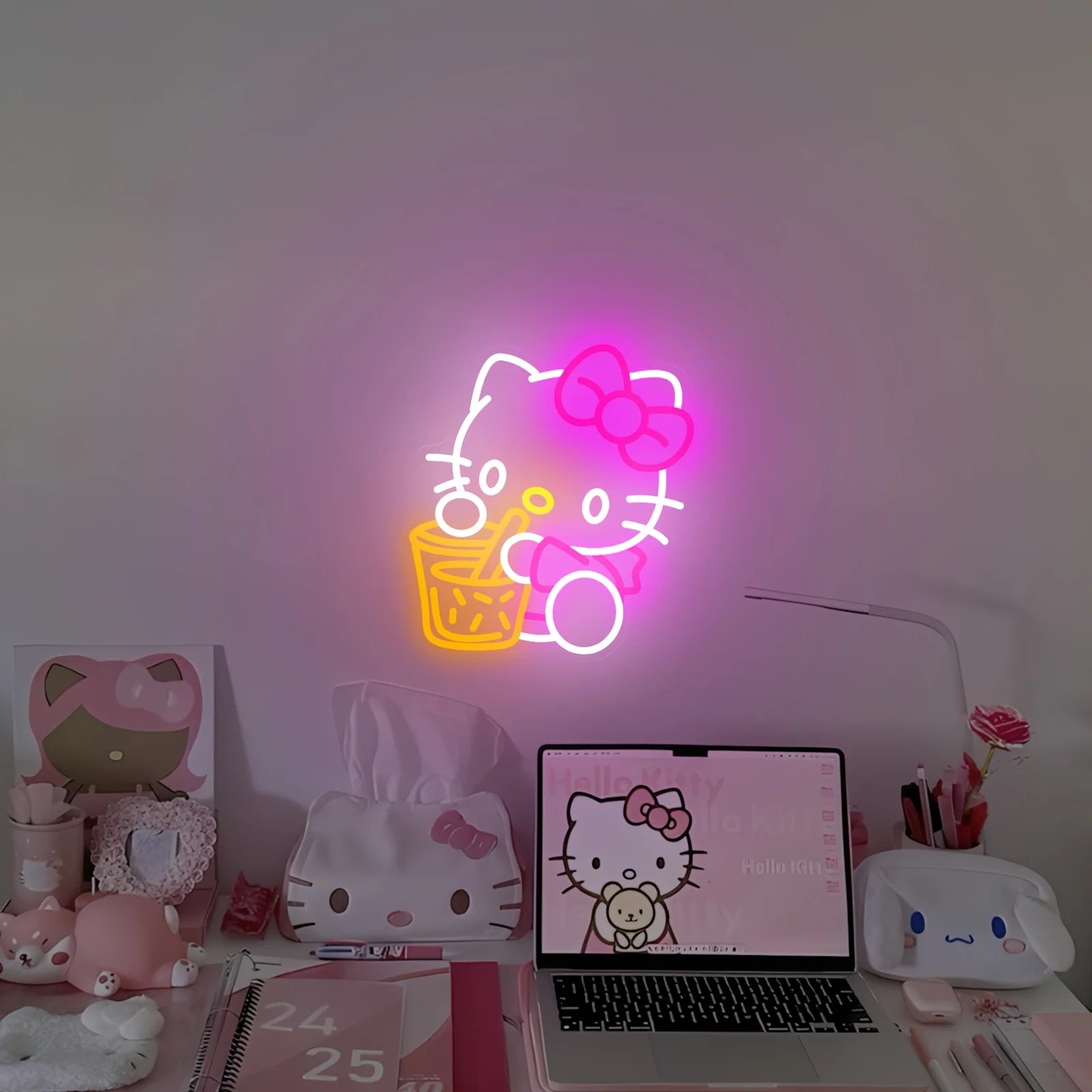 Hallo Kitty Drink Neon Sign Sanrio Kawaii Cat LED Nigh Light for Home Bedroom Girl Room Hanging Decor USB Dimmable Birthday Gift