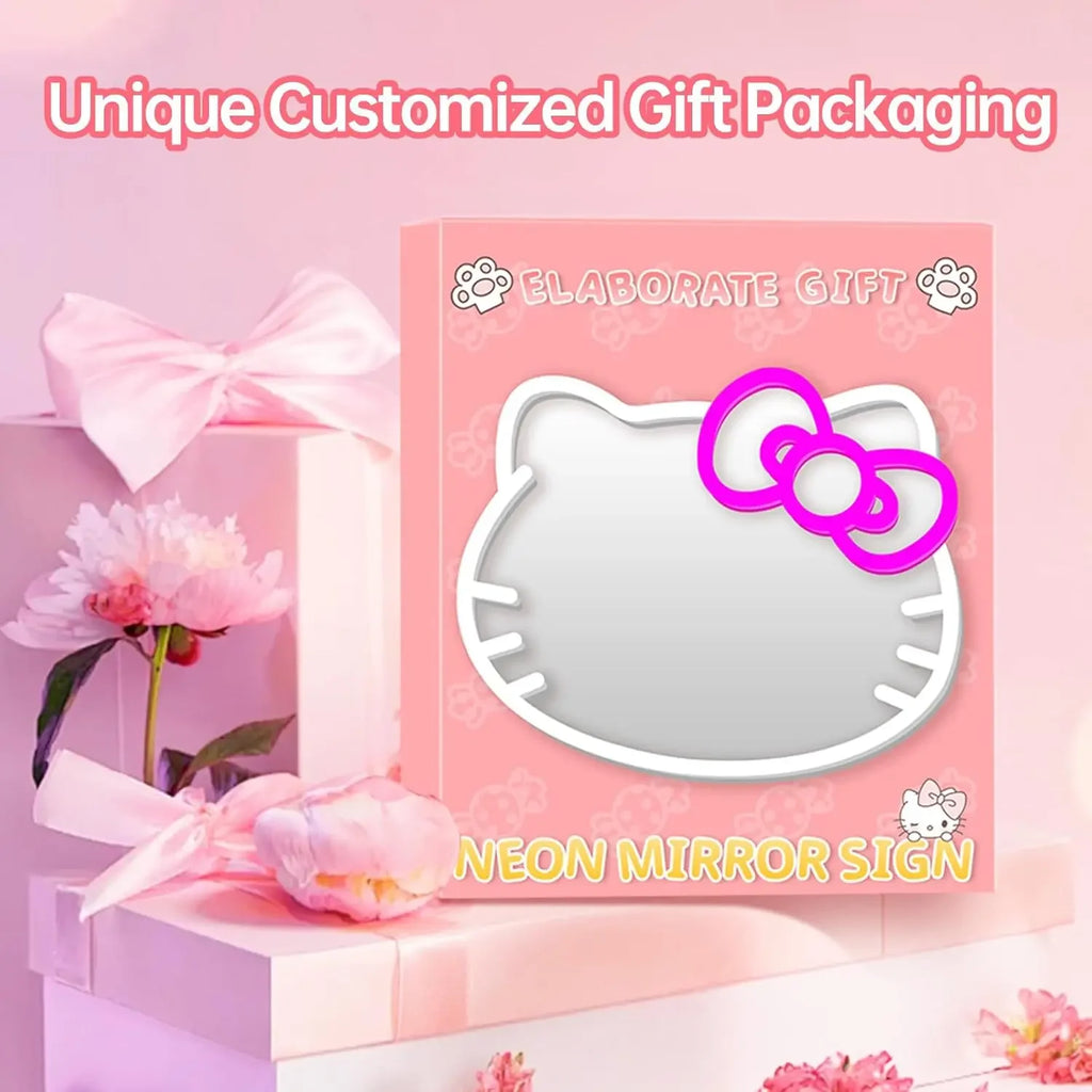 Anime Hello Kitty Mirror Neon Signs USB Dimmable LED Neon Light for Wall Makeup Mirror Room Decor Valentine's Day Lover Gifts